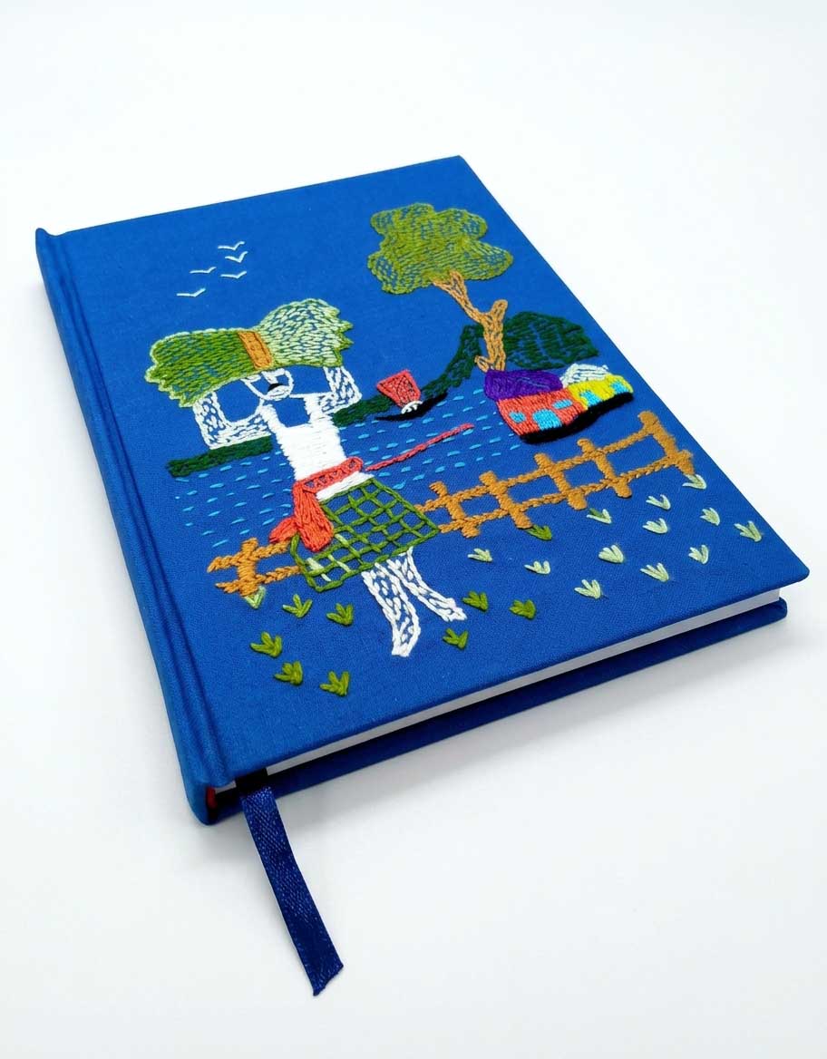 Banglar Krishok Nakshi Hand Embroidered Blue Fabric Diary Notebook - Birthday Gift for Boyfriend by Karujog