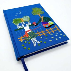 Banglar Krishok Nakshi Hand Embroidered Blue Fabric Diary Notebook - Birthday Gift for Boyfriend by Karujog