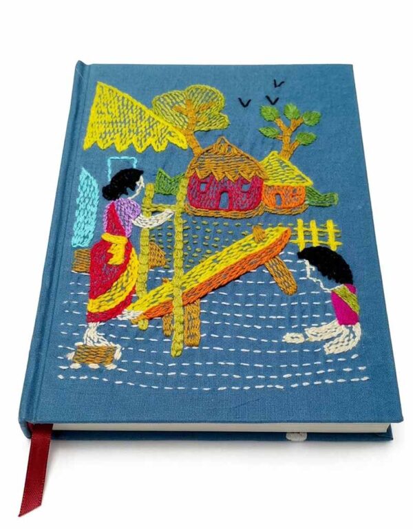 Dheki Motif Nakshi Hand Embroidered Blue Fabric Diary Notebook - Birthday Gift for Wife by Karujog