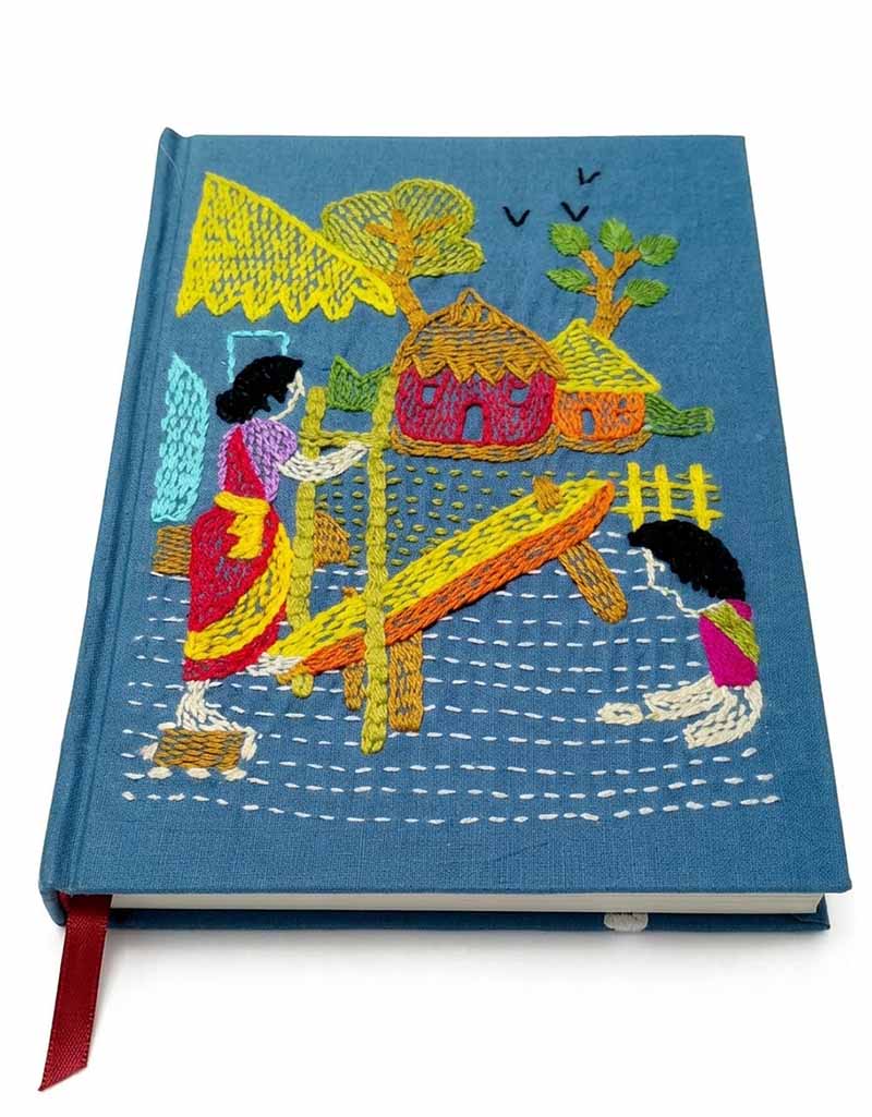 Dheki Motif Nakshi Hand Embroidered Blue Fabric Diary Notebook - Birthday Gift for Wife by Karujog