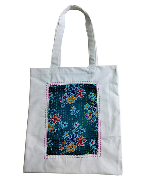 Handcrafted White Canvas Cotton Tote Bag with Floral Nakshi Patch - Cotton On Tote Bag by Karujog