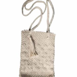Handcrafted Off-White Woven Cotton Macrame Bag with Tassel Detail by Karujog