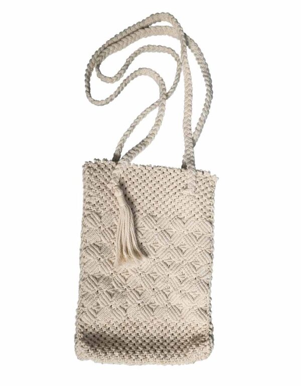 Handcrafted Off-White Woven Cotton Macrame Bag with Tassel Detail by Karujog