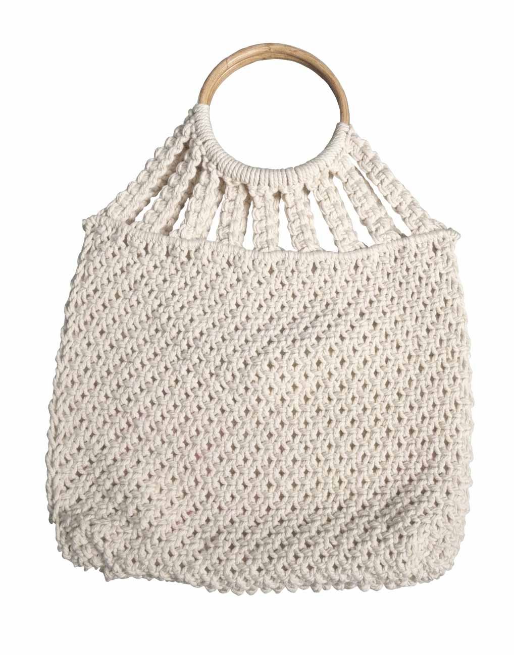 Handmade Off-White Cotton Macrame Ladies Bag with Cane Handle by Karujog