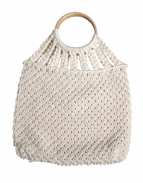 Handmade Off-White Cotton Macrame Ladies Bag with Cane Handle by Karujog